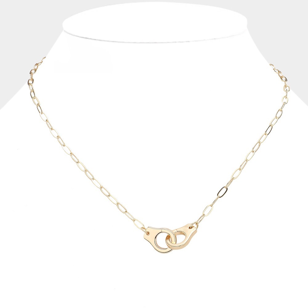 Gold Paperclip Chain Necklace With Handcuffs